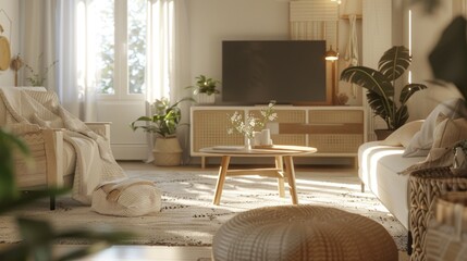 Living room Scandinavian style with a TV on the cabinet a sofa and expansive windows decorate the room with green plants