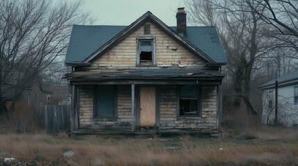A run down house with a porch and a chimney. The house is old and abandoned. Scene is sad and lonely