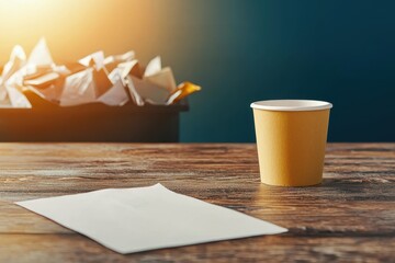 An empty office desk with an overfilled trash bin and a coffee cup left half-full, symbolizing burnout and lack of motivation at work