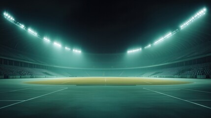 A stadium with a green field and a bright blue sky