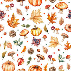 seamless pattern on autumn theme in watercolor style, autumn leaves and mushrooms, seamless texture of autumn, mushrooms and berries