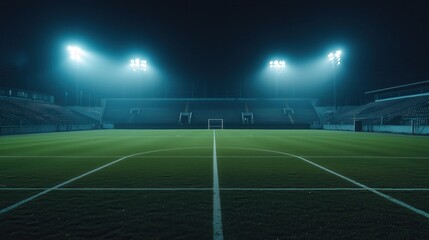 A stadium with a large crowd of people watching a game. The field is lit up with bright lights, creating a sense of excitement and anticipation