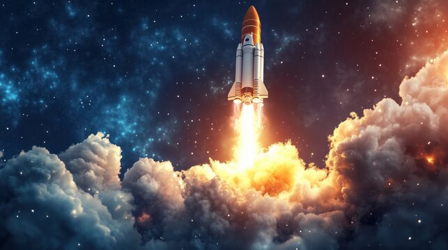 A rocket is flying through the sky with a bright orange trail behind it. The sky is filled with stars and clouds, creating a sense of wonder and adventure. The image captures the excitement