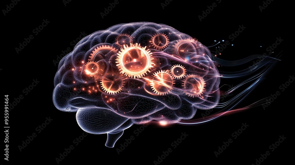 Poster a brain with gears and a clock on it