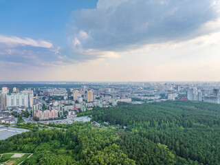 Yekaterinburg aerial panoramic view in summer sunset. Ekaterinburg is the fourth largest city in Russia located in the Eurasian continent on the border of Europe and Asia.