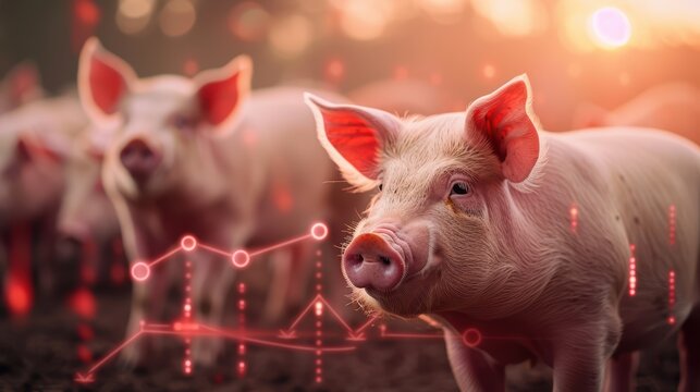 Group of Pigs in a Farmyard with Digital Data Overlay at Sunset Highlighting Agricultural Technology - Powered by Adobe