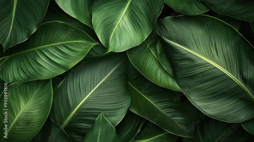 Poster a close up of green leaves with water droplets on them. the leaves are arranged in a way that create
