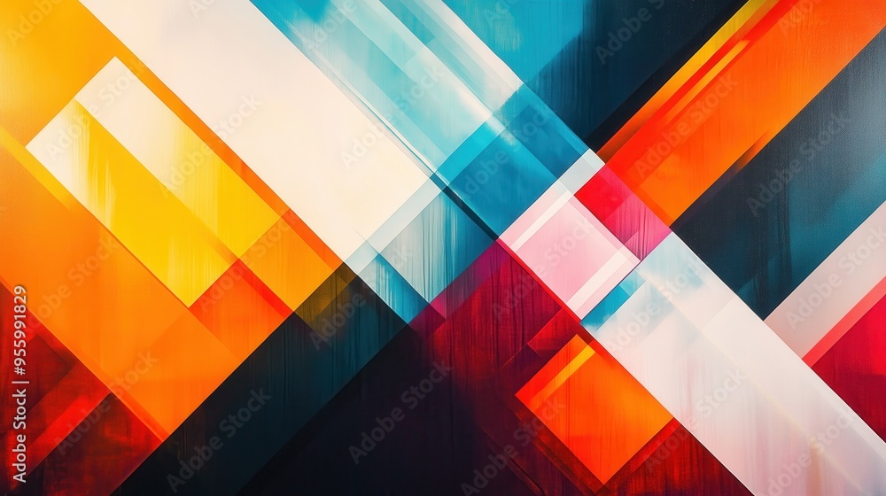 Poster a colorful abstract painting with a blue and orange stripe. the painting is full of different colors