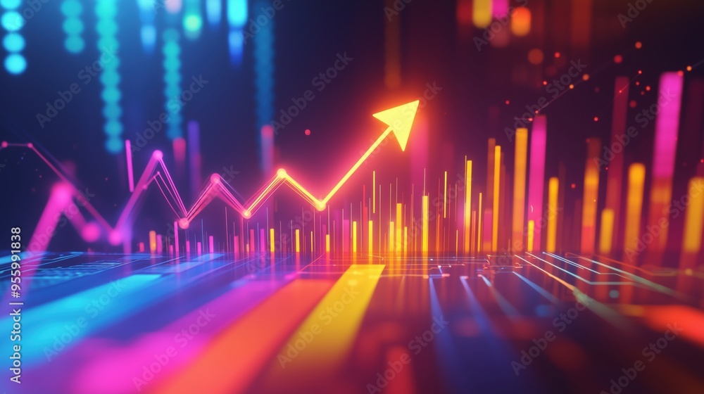 Poster a colorful graph with a red arrow pointing upwards. the graph is made up of different colored lines,