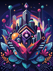 Abstract Geometric Composition with Cityscape and Nature Elements