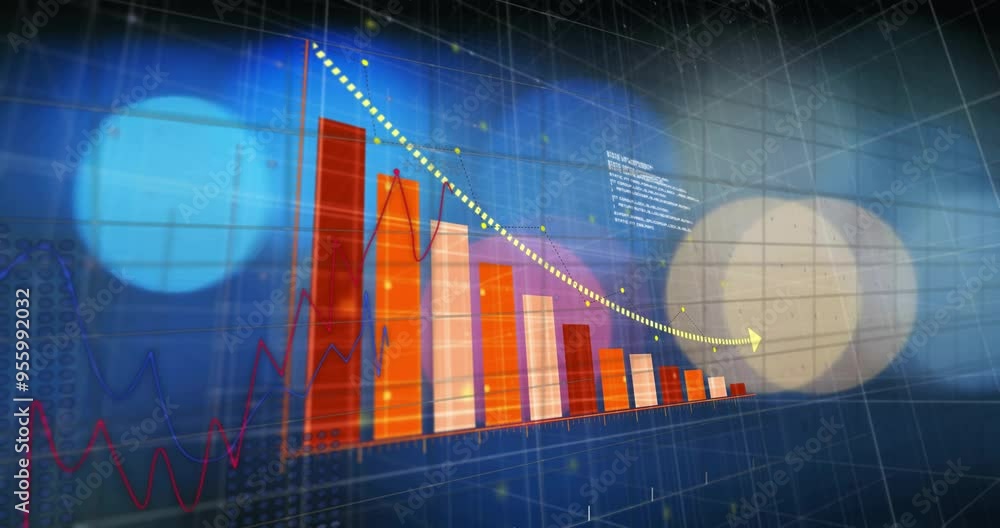Poster bar and line graphs with data points animation over blue and orange background