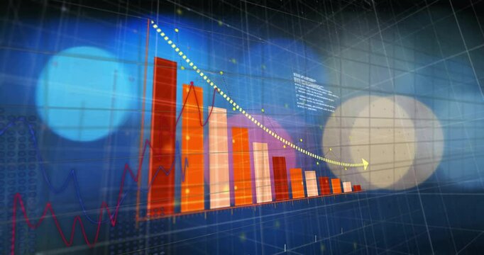 Bar and line graphs with data points animation over blue and orange background
