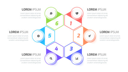 Vector Infographic Business with Circle Label, Hexagon Line, Icon and 4 Numbers for Presentation, Flowchart, Diagram