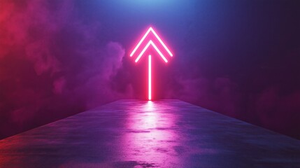 A neon sign with a red arrow pointing upward. The sign is surrounded by a purple and blue background