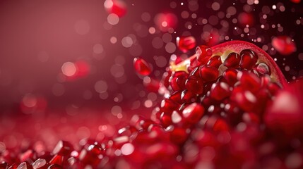 Obraz premium Close-Up of Fresh Pomegranate Seeds with Bokeh Effect on Red Background