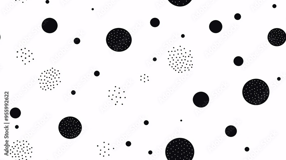 Poster monochrome polka dot dance: a playful pattern of black circles, both solid and stippled, scatters rh