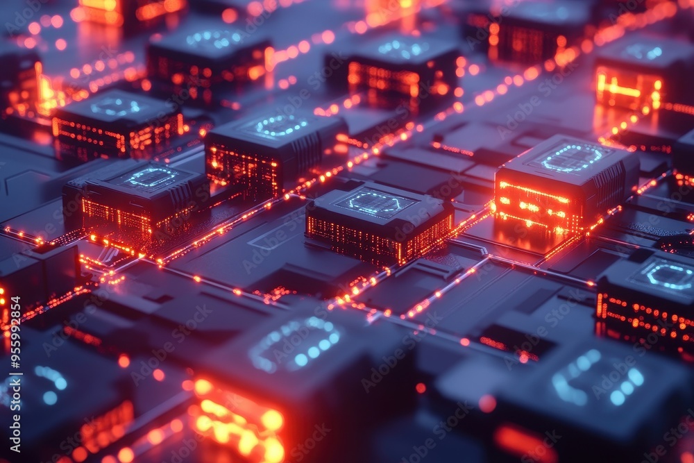 Poster a close-up view of a futuristic circuit board with glowing components and intricate connections.