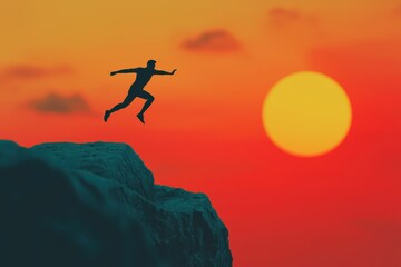 A silhouette of a man leaping over a gap at sunset, symbolizing business success and achievement.


