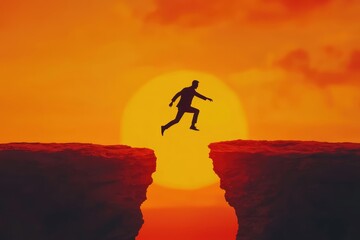 A silhouette of a man leaping over a gap at sunset, symbolizing business success and achievement.


