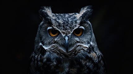 Fototapeta premium Owl with piercing gaze illuminated by overhead light against a deep black background