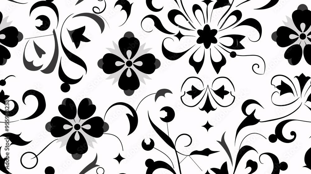 Poster Black and White Floral Pattern Seamless: A delicate and elegant black and white floral pattern seamlessly repeats, creating a timeless and sophisticated design for various applications.  