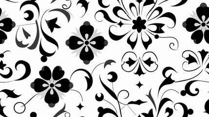 Black and White Floral Pattern Seamless: A delicate and elegant black and white floral pattern seamlessly repeats, creating a timeless and sophisticated design for various applications.  