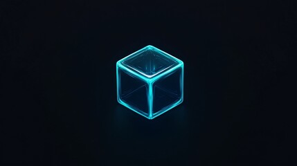 A glowing blue cube suspended in darkness, creating a modern and futuristic atmosphere.