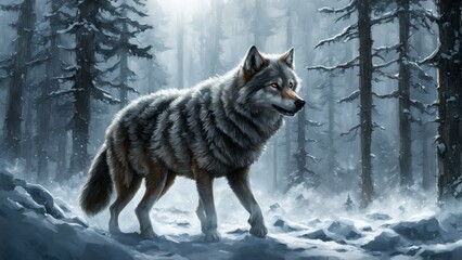 Lone Wolf Walking Through Snowy Forest
