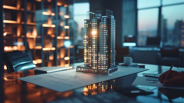 A futuristic business environment with a 3D-rendered model of a small skyscraper building placed on a table in a modern real estate agency. The scene includes professionals signing mortgage contract  