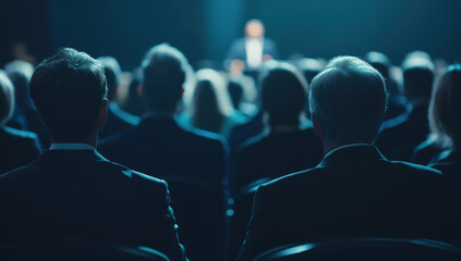 Obraz premium Audience members watching a speaker during a conference in a dimly lit auditorium
