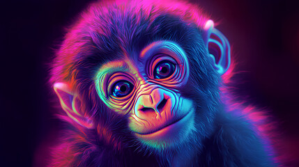 Fototapeta premium Dynamic scene of a colorful psychedelic neon colored baby gorilla