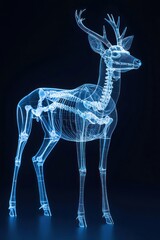 Obraz premium Transparent holographic deer skeleton with rotating view, advanced CT scan, futuristic analysis