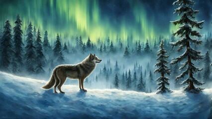 Obraz premium Lone Wolf Under Northern Lights in Snowy Forest