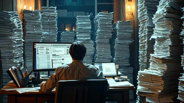 Overwhelmed office worker sorting through mountains of paperwork late at night in a dimly lit room