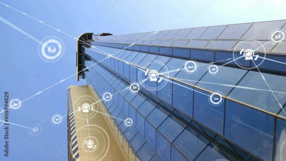 Poster network of connections and data processing animation over modern skyscraper