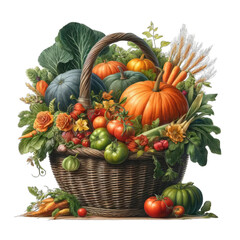 A beautiful harvest basket filled with colorful vegetables and flowers