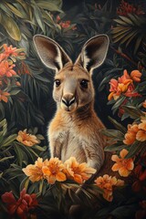 Adorable Kangaroo Surrounded by Vibrant Flowers in a Lush Greenery Background