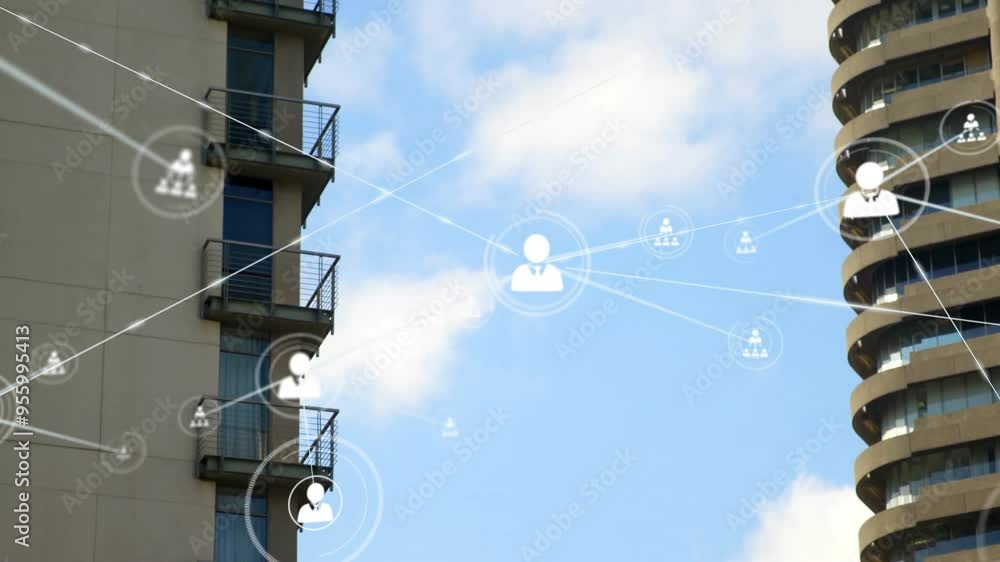Aufkleber network of connections and data processing animation over high-rise building and sky