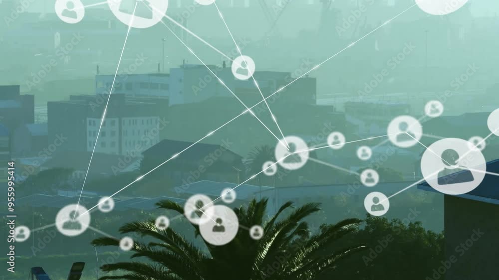 Poster network of connections and user icons animation over cityscape