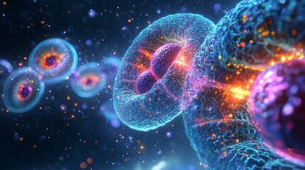 Microscopic View of Cells Dividing with Colorful Glow