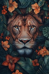 Obraz premium Majestic Lion Portrait Surrounded by Lush Foliage and Vibrant Flowers in a Jungle Setting