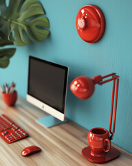 Modern workspace with teal walls, featuring an iMac-style computer, red desk lamp, keyboard, mouse, coffee cup, and a potted plant. Vibrant and minimalist.