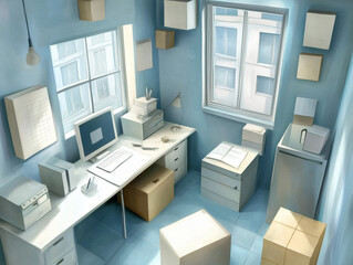 Sunlit home office with blue walls, featuring a computer desk, floating shelves, and organized storage. Modern and minimalist design.