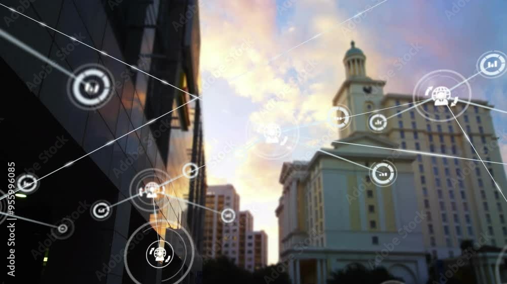 Poster network of connections and data processing animation over cityscape at sunset