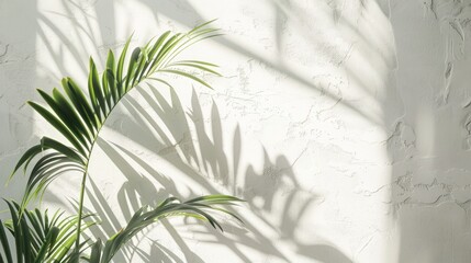 Soft palm leaf shadows gracefully dance on a textured white wall, capturing the tranquil essence of natural light at midday	