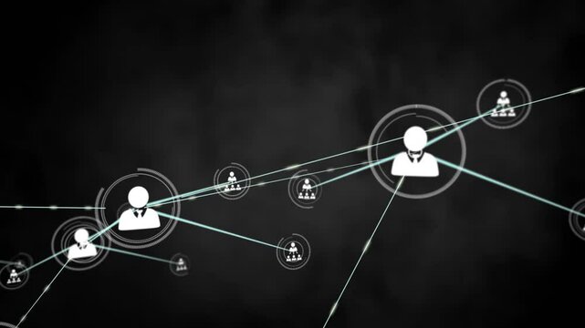 Network of connected user icons and data sharing animation over dark background