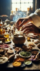 Fototapeta premium Close-Up of Egyptian Perfume Maker Preparing Scents
