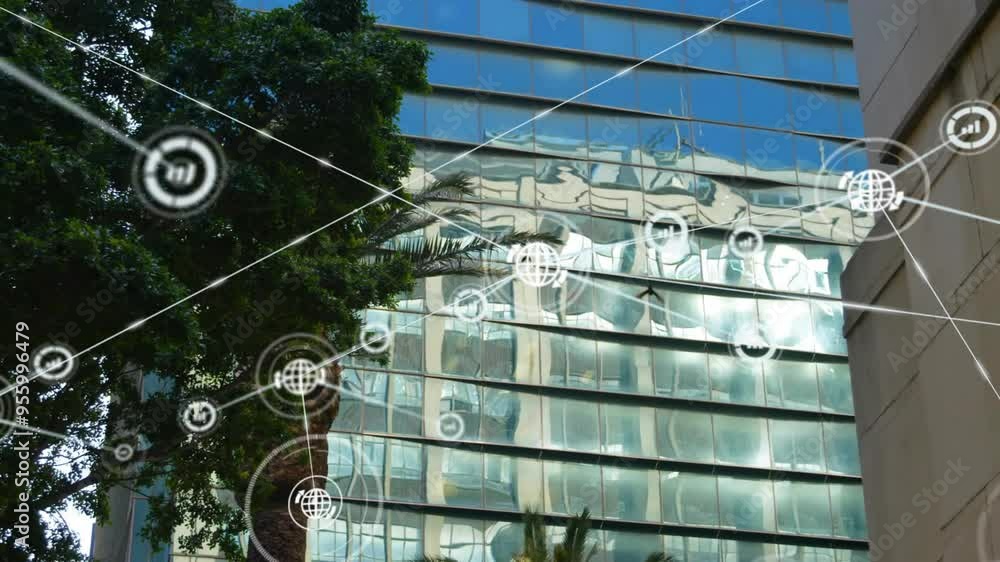 Poster network connections and data processing animation over modern glass building