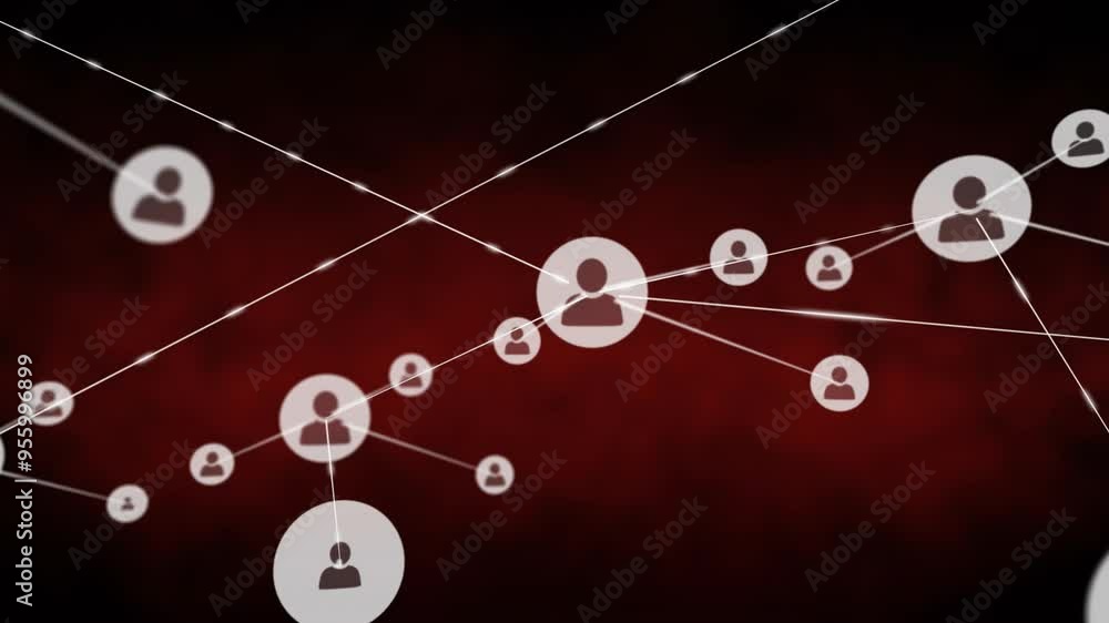 Poster network of connected user icons animation over dark red background
