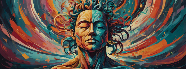 Naklejka premium An abstract illustration of mental resilience, with a strong, central figure surrounded by swirling chaotic elements, representing the strength to remain calm amidst external pressures.